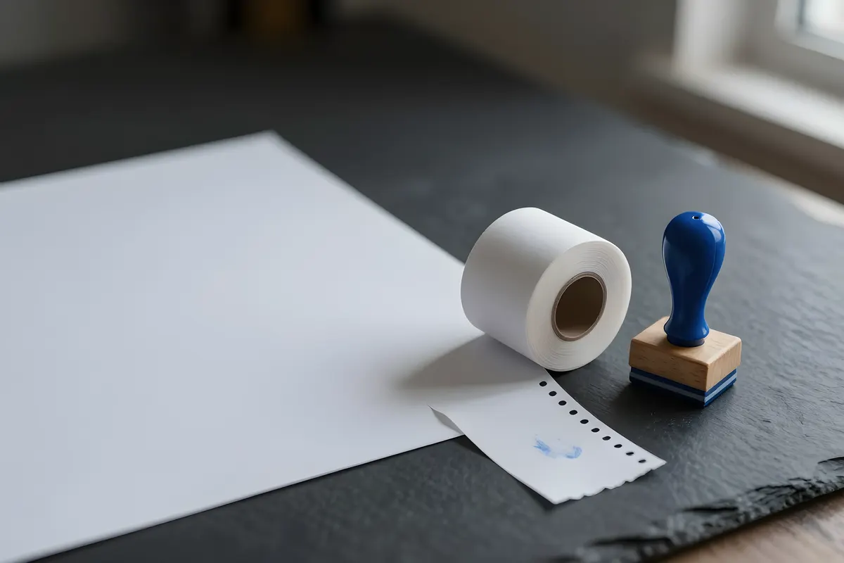 A roll of blank receipt paper beside a cobalt rubber stamp.
