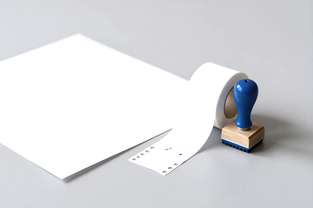 A roll of blank receipt paper beside a cobalt rubber stamp.